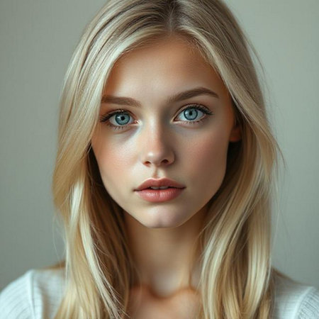 Portrait of a beautiful young woman with blond hair and blue eyes.の素材