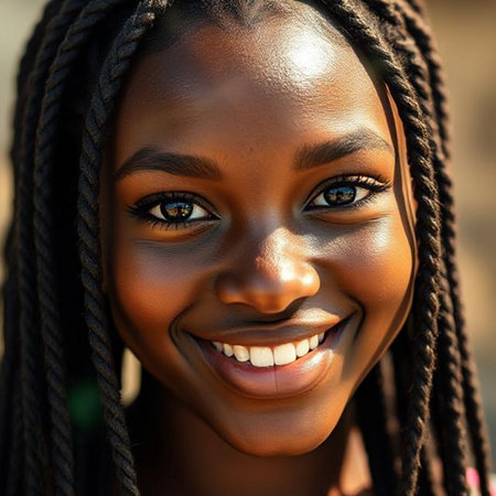 Close up portrait of a smiling African American woman with dreadlocksの素材