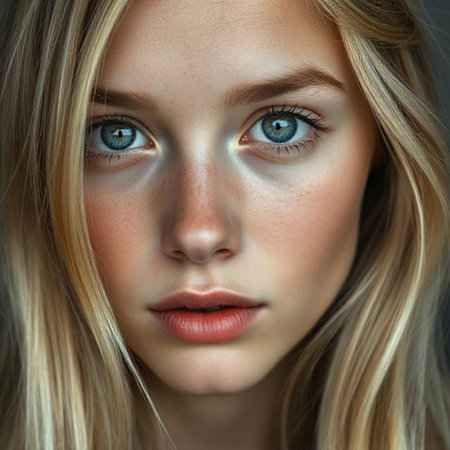 Close-up portrait of a beautiful blonde girl with blue eyes.の素材