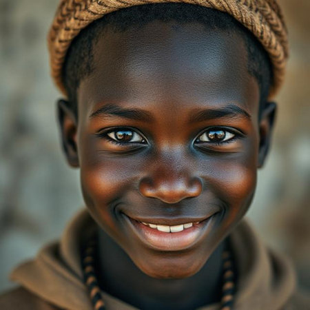 Close-up portrait of a smiling African boy in a hat.の素材