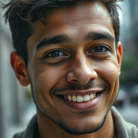 Close-up portrait of a handsome young Indian man smiling at the cameraの素材