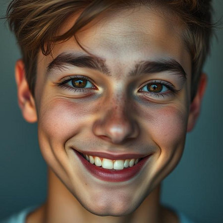 Close-up portrait of a happy young man with green eyes.の素材