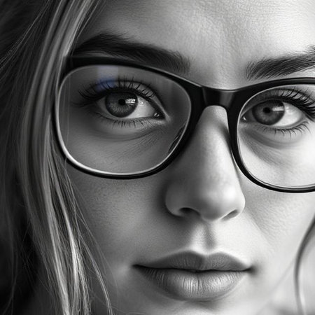 Closeup portrait of beautiful young woman in glasses. Black and white.の素材