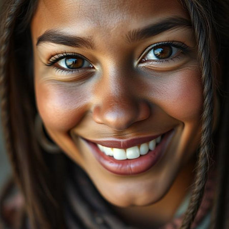 Close up portrait of a beautiful young African American woman smilingの素材