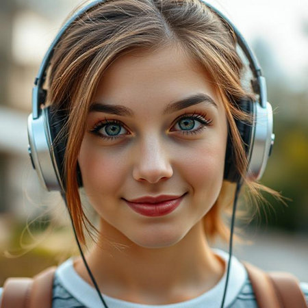 Portrait of a beautiful young girl with headphones listening to music.の素材