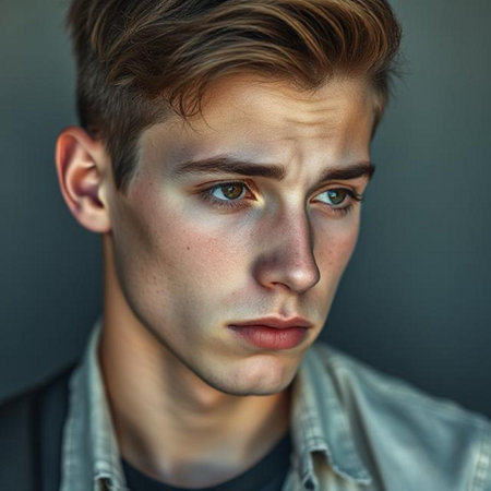 Portrait of a handsome young man in a jeans jacket. Men's beauty, fashion.の素材