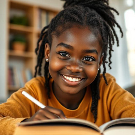Portrait of smiling African American schoolgirl doing homework at homeの素材