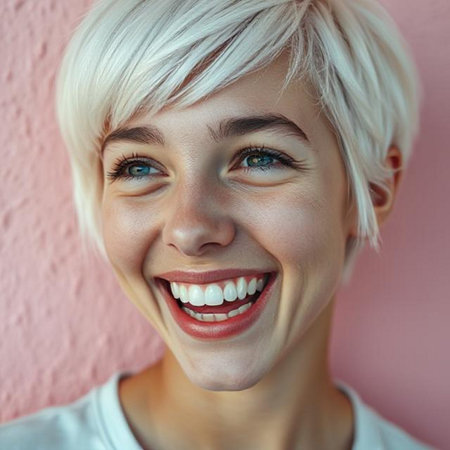 Portrait of a beautiful young woman with short blonde hair smiling.の素材
