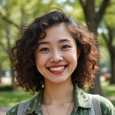 Portrait of a beautiful young Asian woman smiling in the parkの素材