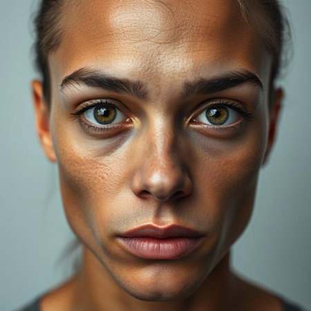 Close up portrait of a beautiful young woman with green eyes looking at cameraの素材