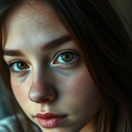 Close-up portrait of a beautiful young woman with green eyes.の素材