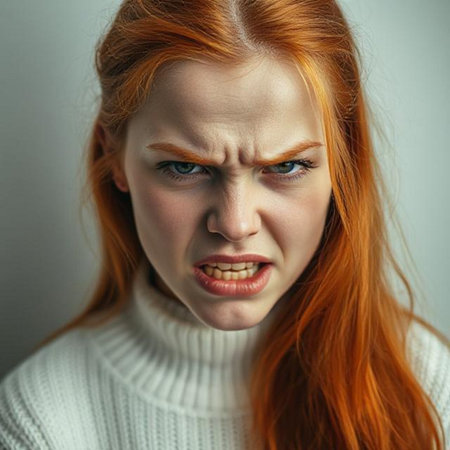 Close up portrait of a sad redhead girl in a white sweaterの素材