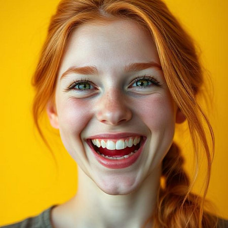 Close up portrait of a happy young redhead woman smiling against yellow background.の素材