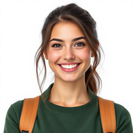 Portrait of a smiling young woman with backpack, isolated on white backgroundの素材