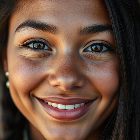 Close up portrait of a beautiful young woman smiling and looking at cameraの素材