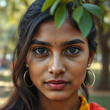 Portrait of a beautiful young Indian woman in the park.の素材