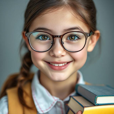 Portrait of smiling schoolgirl in eyeglasses holding books.の素材