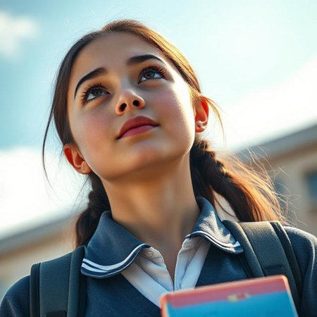 Portrait of a young beautiful student girl in a school uniform.の素材