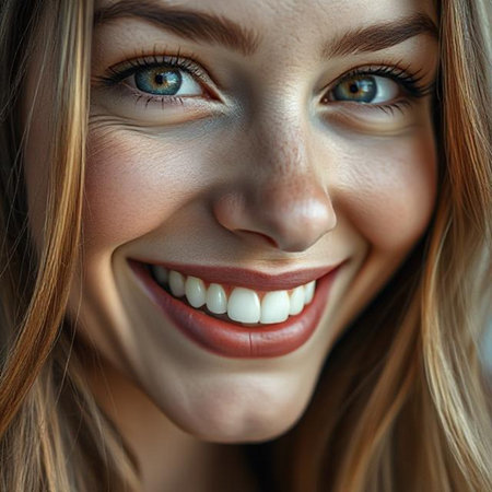 Close up portrait of beautiful young woman with healthy teeth smiling at cameraの素材