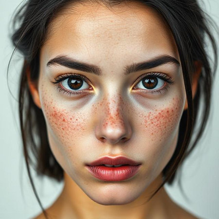 Beauty portrait of young woman with freckles on face.の素材