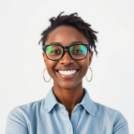portrait of smiling African American woman in eyeglassesの素材
