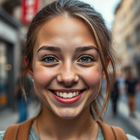 Close up portrait of a smiling young woman on the city street.の素材