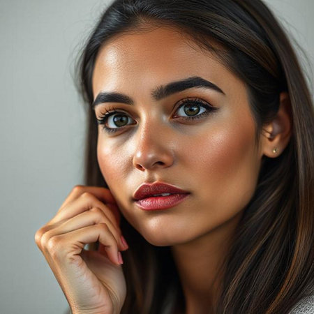 Close up portrait of beautiful young woman with makeup. Isolated.の素材