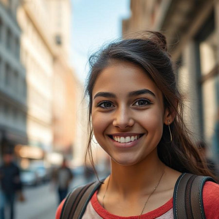 Portrait of a beautiful young woman smiling in the city streets.の素材
