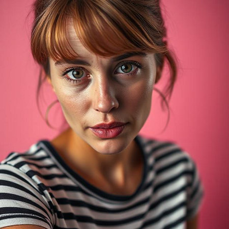 Portrait of a beautiful young woman with green eyes on a pink backgroundの素材