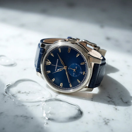 Wristwatch with blue dial and stainless steel bracelet backgroundの素材