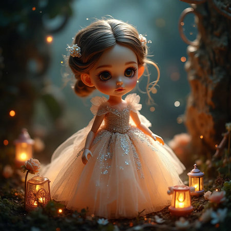 Little girl in a fairy forest with a candlestick and candlesの素材