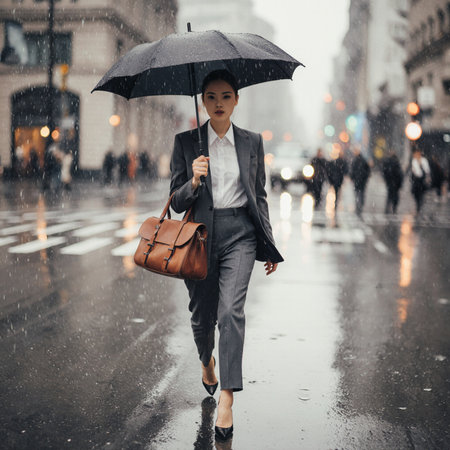 Young businesswoman walking in the rain with umbrella in a rainy dayの素材