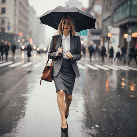 Beautiful businesswoman walking in the rain on a rainy day.の素材