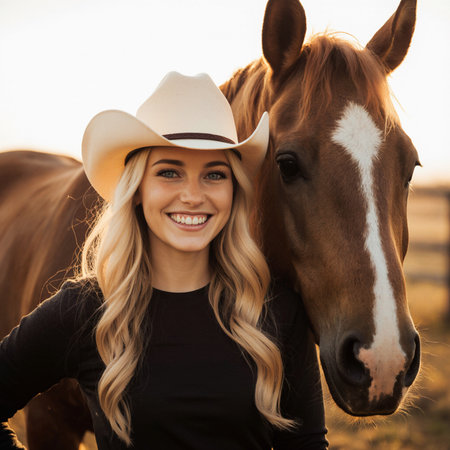 Beautiful girl in a cowboy hat with a horse at sunset.の素材