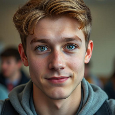 Portrait of a handsome young man with blue eyes looking at cameraの素材