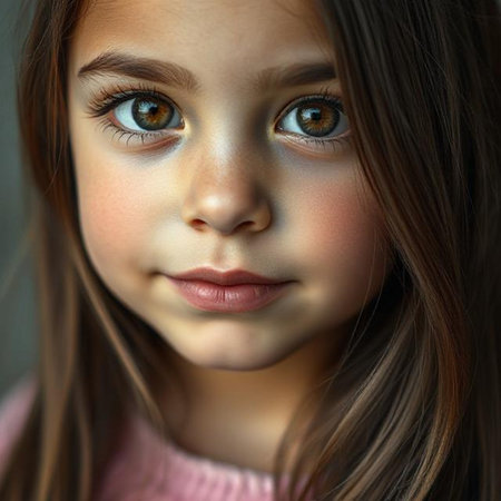 Portrait of a beautiful little girl with blue eyes and brown hairの素材