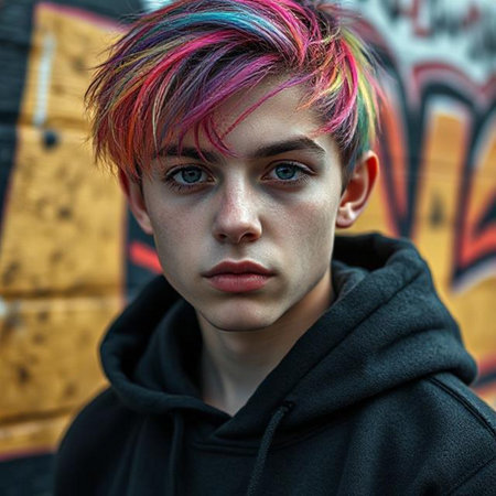 Close-up portrait of a beautiful young man with multi-colored hairの素材