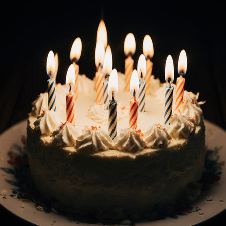 Birthday cake with burning candles on a dark background. Toned.の素材