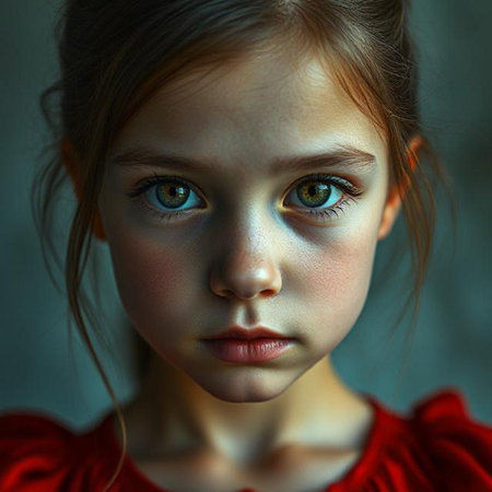 Portrait of a beautiful little girl in a red dress. Close-up.の素材