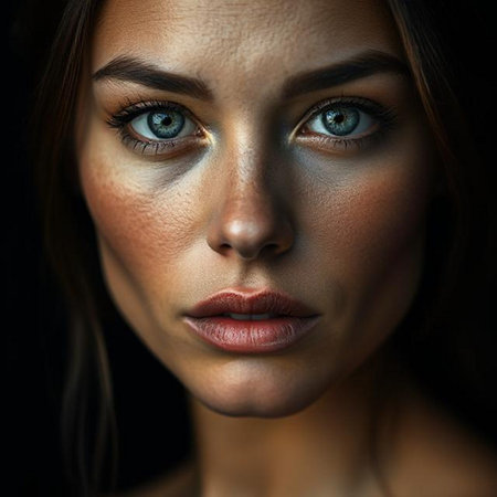 Close up portrait of beautiful young woman with blue eyes and makeup.の素材