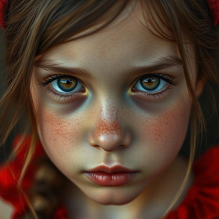 Close-up portrait of a beautiful little girl in a red dressの素材