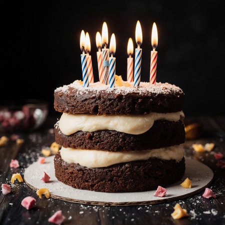 Birthday chocolate cake with burning candles on dark wooden background, selective focusの素材