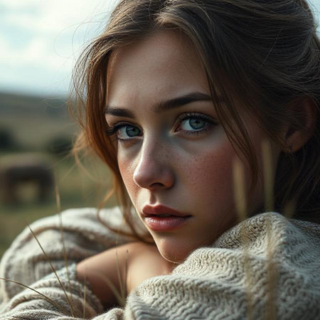 Portrait of a beautiful girl with long hair in a knitted sweater on the field.の素材