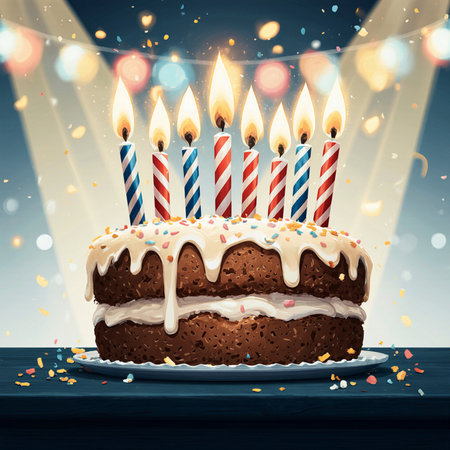 Birthday cake with burning candles on wooden table. Vector illustration.の素材