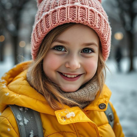 Portrait of a cute little girl in a knitted hat and jacket on a background of winter park.の素材