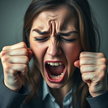 Angry businesswoman screaming. Closeup portrait of angry business woman.の素材
