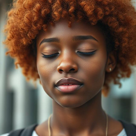Close up portrait of a beautiful young African American woman with afro hairstyleの素材