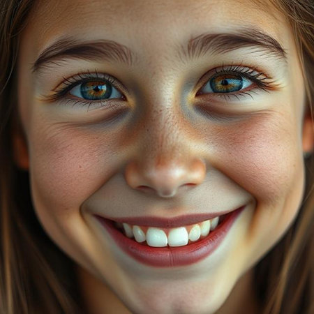 Close up portrait of a beautiful young girl with blue eyes and smileの素材