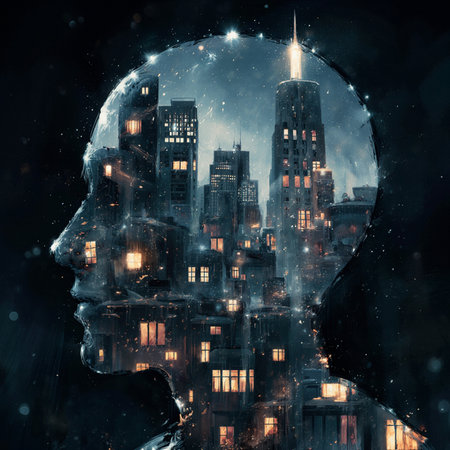 Double exposure of a man's head with cityscape in the backgroundの素材