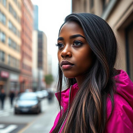 Portrait of a beautiful young African American woman in the cityの素材